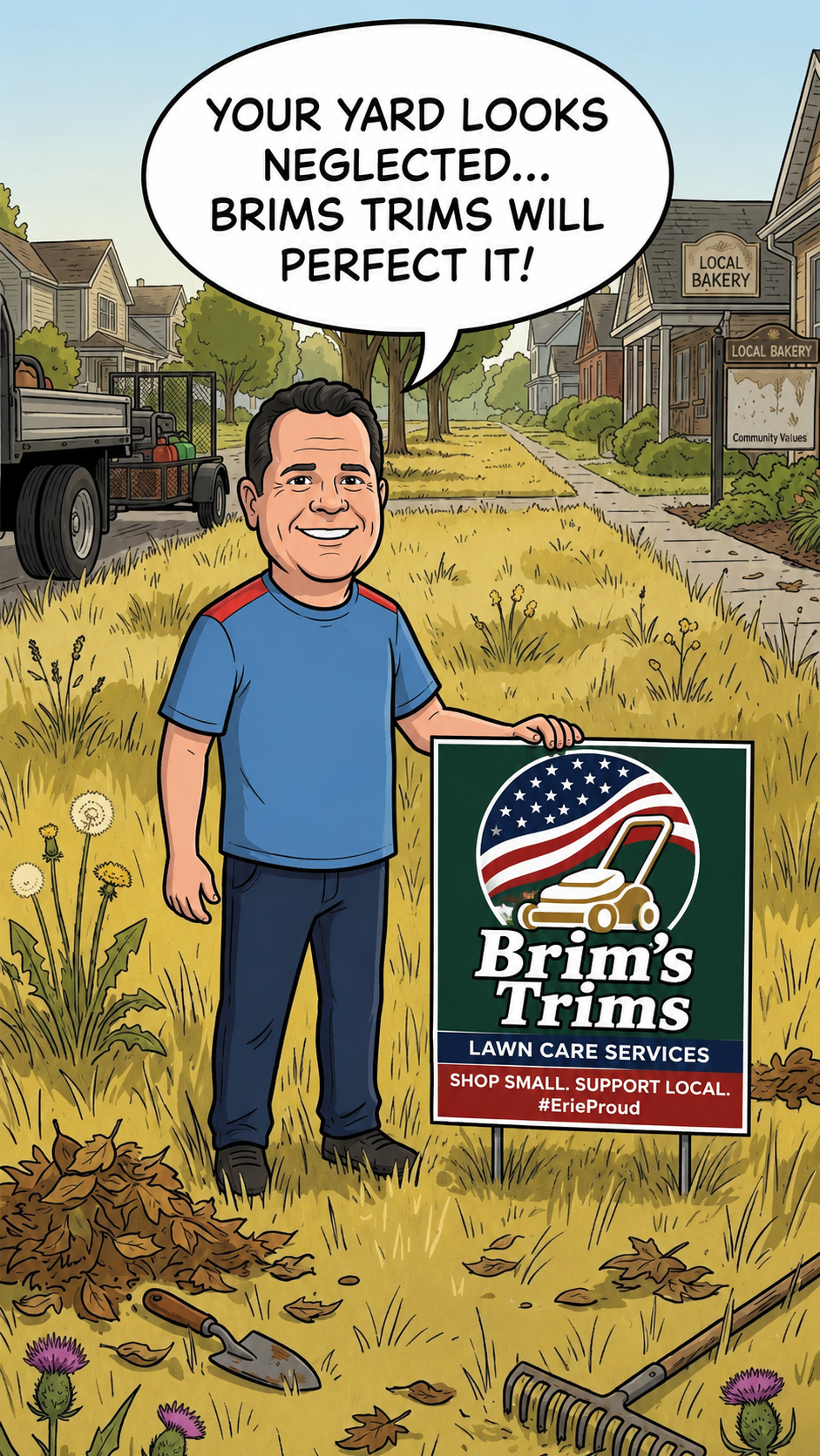 Illustrated Brim's Trims yard care poster with the Brim's Trims lawn care services sign.