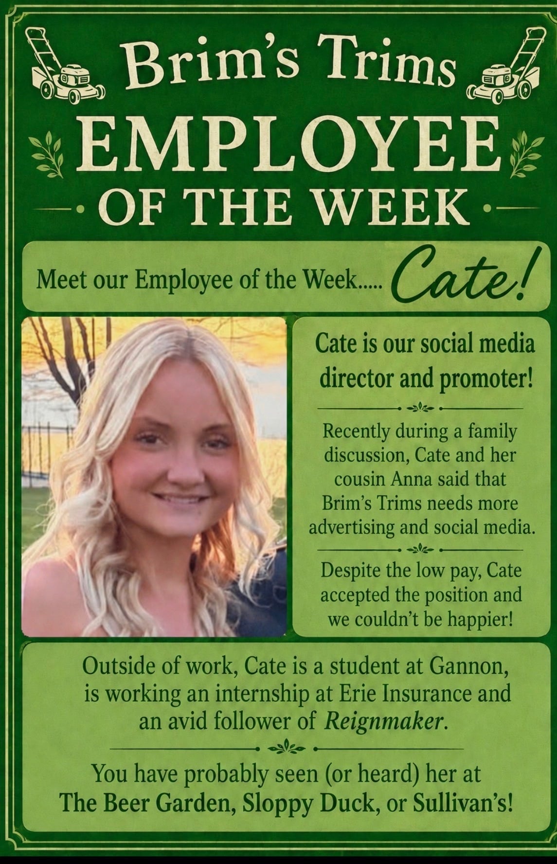 Brim's Trims employee of the week poster for Cate.