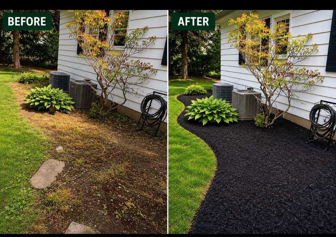 Before and after view of a side yard bed with new black mulch.