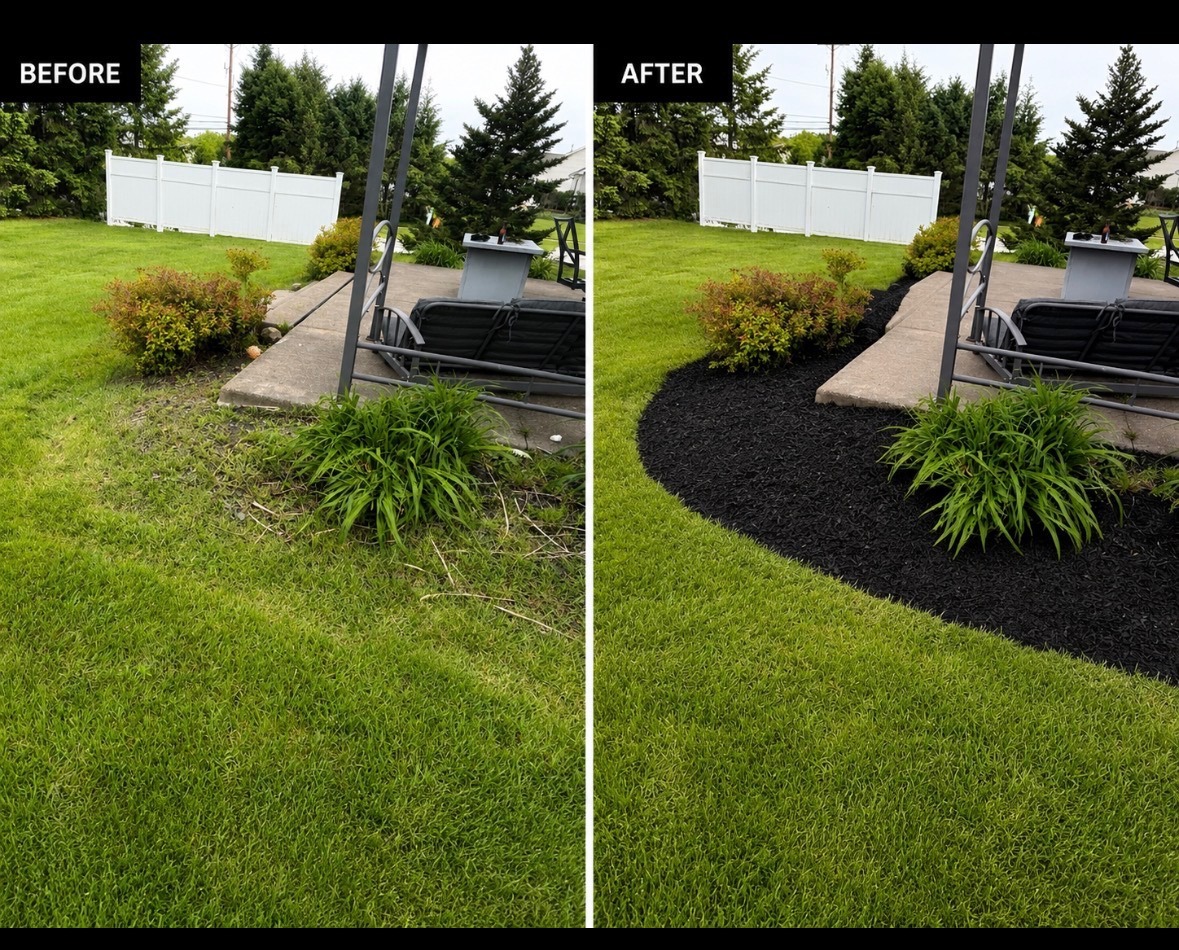 Before and after view of a patio bed with black mulch added.